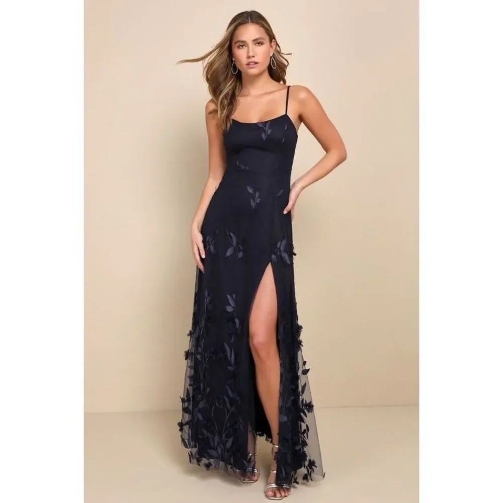 Lulus Abundant Charm Navy Blue 3d Floral Applique Maxi Dress - Size XS